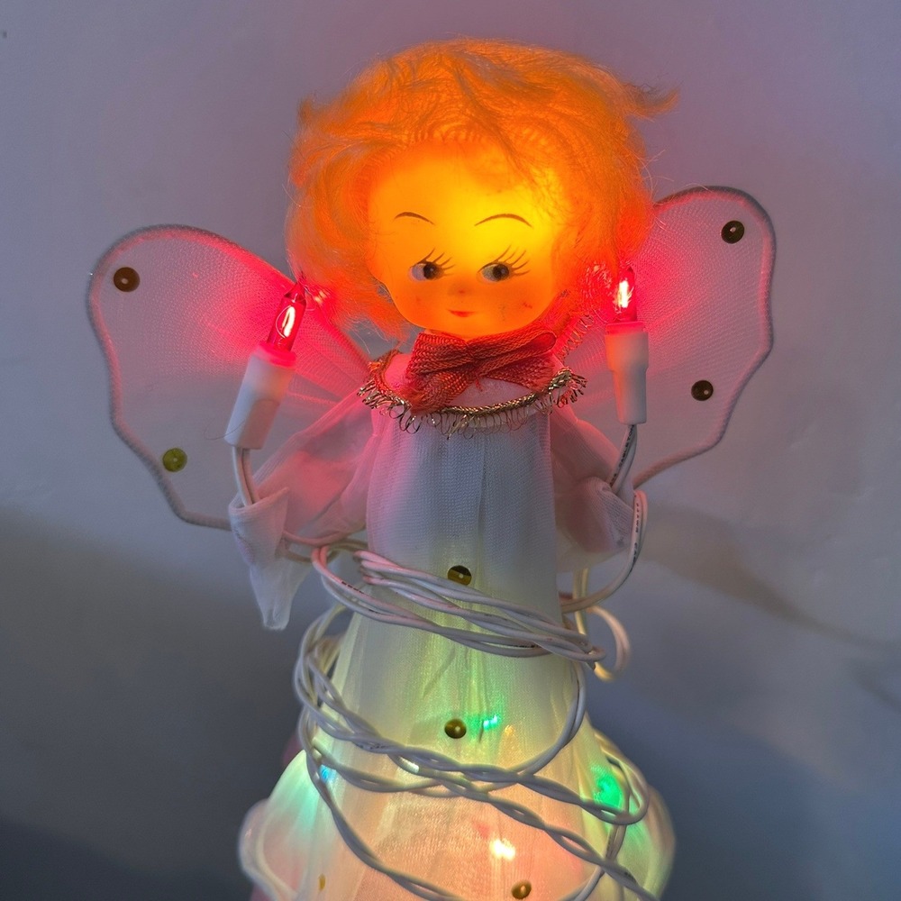 Vintage Light Up Angel Christmas Tree Topper Blonde‎ Hair Blue Eyes White Dress